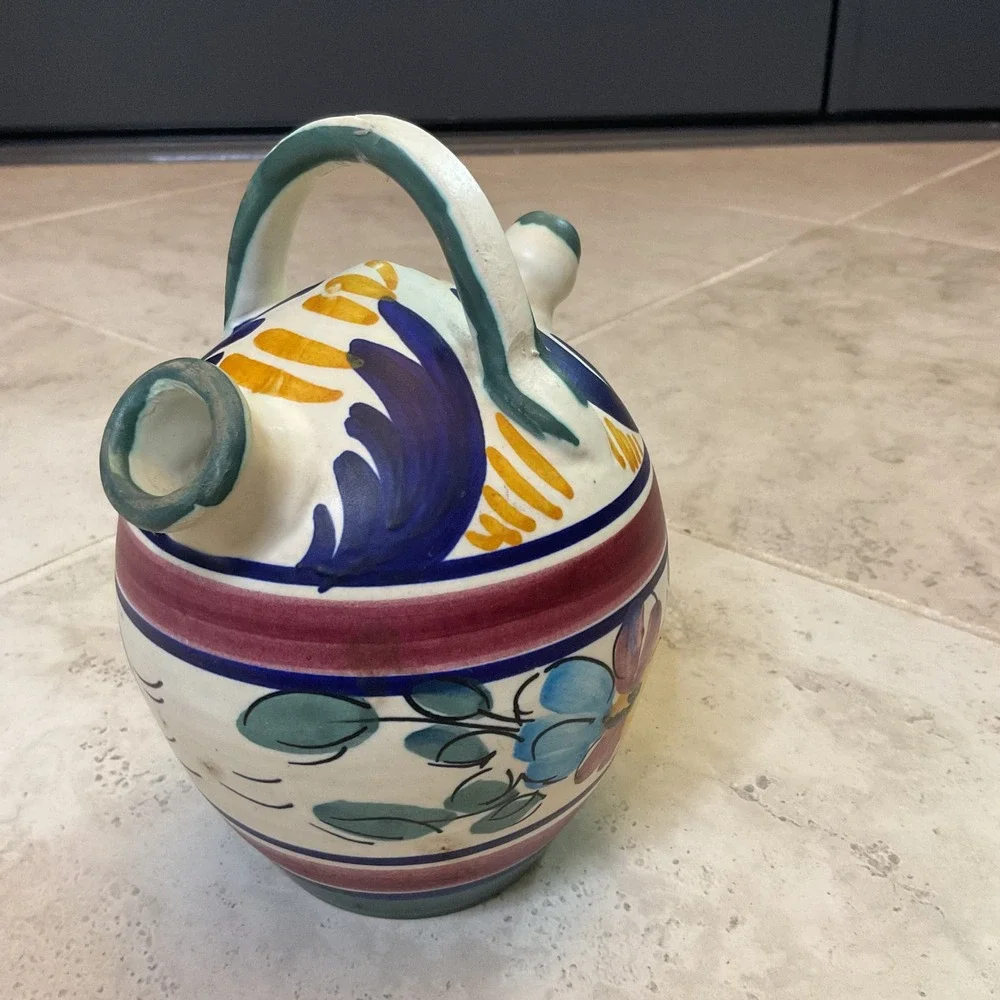 Vintage Talvera Botijo Ceramic Water 2 spout Jug Hand Painted Floral Pitcher